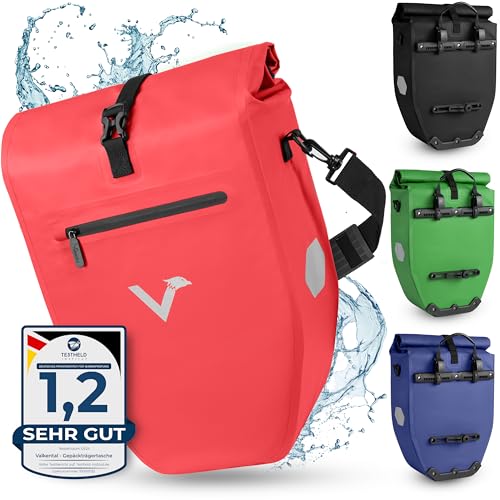 Valkental - Große & wasserdichte Gepäckträgertasche - 28L Füllvolumen - Fahrradtasche für Gepäckträger mit Reflektoren in Rot