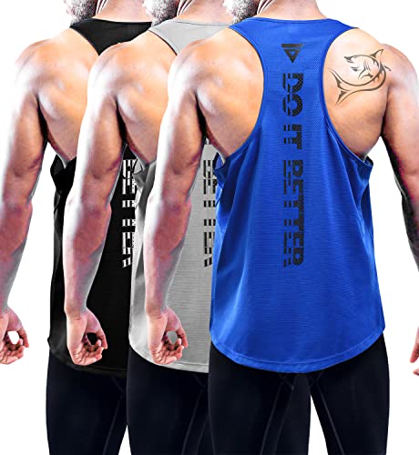 3er Pack Tank Top Herren, Sommer Ärmelloses T-Shirts Atmungsaktive Muskelshirts Sport Unterhemd für Herren Gym Tanktop Fitness Trägershirts Bodybuilding Tee Shirt für Männer Black/Gray/Blue-3P03-L