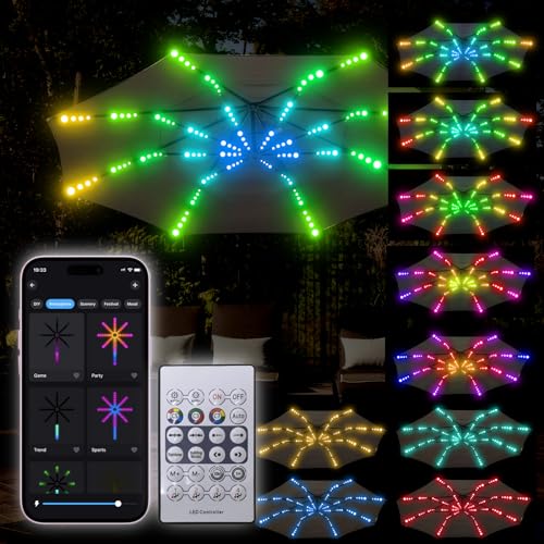 Neisouf Sonnenschirm LED Beleuchtung Feuerwerks Lichter, 104 LEDs DIY Farbwechsel Sonnenschirm LED mit Bluetooth App und Fernbedienung, DIY Chasing, Metor, fließende Simulation (RGB+IC, 8 * 1,3 m)