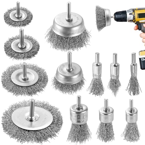 DazSpirit 12-teiliges Drahtbürste Bohrmaschine Set, Messingbeschichteter Stahlbürste Akkuschrauber und Messingbürste Bohrmaschine mit 1/4-Zoll-topfbürsten-Kit zum Entfernen von Rost/Korrosion/Farbe