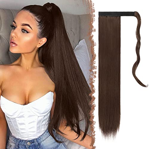 FESHFEN Lang Glattes Pferdeschwanz Haarteil Synthetik Haarverlängerung Zopf Haar Extension für Damen Mädchen, Mittel Braun 70 cm