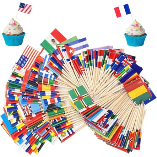 100 Verschieden Länder Flagge Zahnstocher Flagge Cocktail Picks mit Doppelseitig Druck Verschieden Nationalflagge Lebensmittel Obst Picker Papier Kuchen Topper Sticks für Party Deko