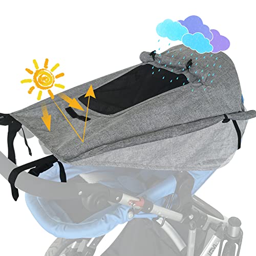 WD&CD Sonnensegel Kinderwagen mit UV Schutz 50+ und Wasserdicht, Double layer fabric mit Sichtfenster und extra breite Schattenflügel, Grau