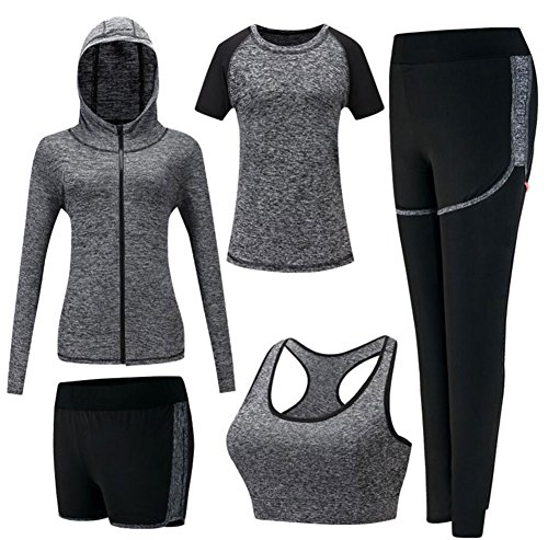 ZETIY Damen Traingsanzug Yoga Kleidung Anzug 5er-Set Sportanzüge Jogginganzug Gym Fitness Kleidung Laufbekleidung Sportswear Sport Yoga Outfit Damen BH Leggings Set - Grau - S