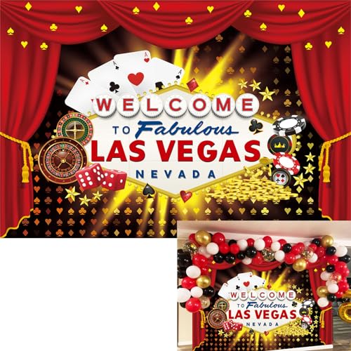 Lianne 2,1x1,5m Willkommen in Las Vegas Party Backdrop Casino Poker Würfel rote Vorhänge Fotografie Backdrops Geburtstag Party Dekor Banner Foto Requisiten