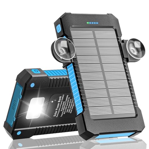 Solar Powerbank 26800 mAh mit Saugnapfhalterung, Solar Powerbank Externe Akkus 3 USB Anschlüsse mit Taschenlampen Dauerlicht/SOS/Stroboskop wasserdichte Outdoor Powerbank für Handy