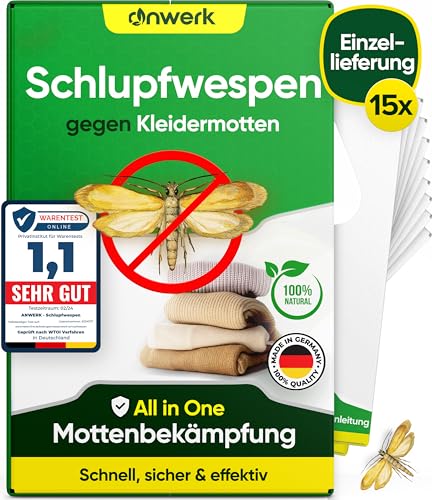 anwerk® Schlupfwespen gegen Kleidermotten - 15 Karten à 1 Lieferungen - Effektiv Kleider Motten bekämpfen - Alternative zur Mottenfalle, Mottenspray, Pheromonfalle