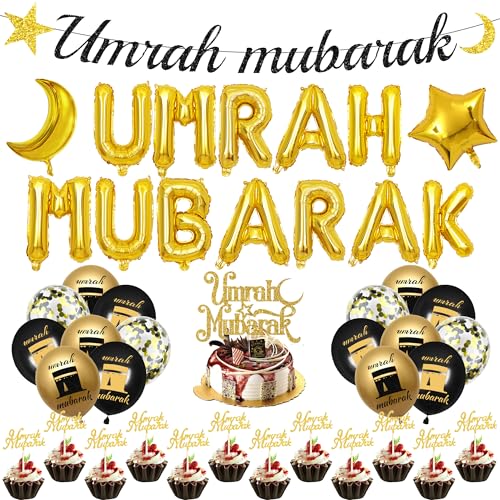 Umrah Mubarak Party Dekorationsset Ballon - 44 Teiliges Umrah Mubarak Buchstaben Ballon Banner Stern Konfettiballon Cupcake KuchenaufsäTze Ramadan Muslimisches Eid Umrah Mubarak Dekorations Party