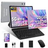 Android 14 Tablet mit Tastatur, Tablet 10 Zoll mit 5G WLAN 6, 20 GB RAM+128 GB ROM (Erweiterbar auf 1 TB), GPS, Widevine L1, Octa-Core, 5MP + 8MP, 1280 x 800, 6000mAh, Tablet mit Maus + Hülle, Grau