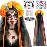 Halloween Haarreif Dia de Los Kostüm Damen, Mexikanisches Totenfest Totenkopf-Gelb-Orange-Blumenschleier, Gesichtstattoo, Kragen und Diamantaufkleber,Halloween Tag der Toten Kopfschmuck Damen Gruselig