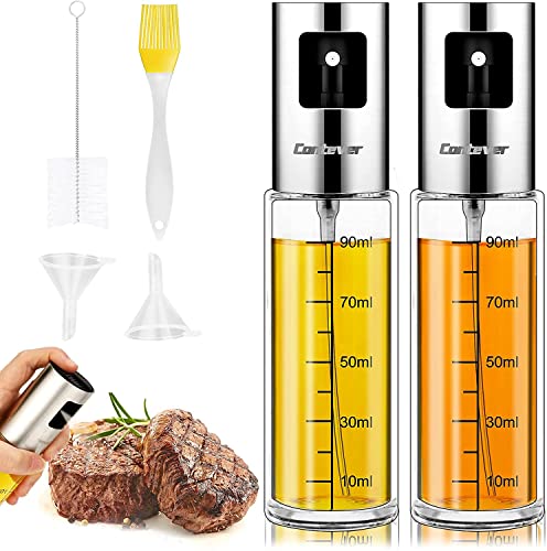 Contever Ölsprüher Flasche, 2 Stück Öl Sprayer mit Verbesserte Düse, Transparent Essig Spritzer Ölspender, 100ml Öl Sprühflasche Auslöser Glasflasche für Grillen, Salat Machen, Kochen, BBQ, Braten