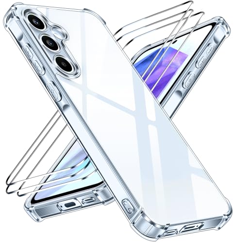 iVoler Nie Vergilbung Klar Hülle für Samsung Galaxy A55 5G mit Stoßfest Schutzecken, 1 Handyhülle mit 3 Stück Panzer Schutz Glas, [Militärischer Schutz] Transparent Schutzhülle Dünn Durchsichtige Case