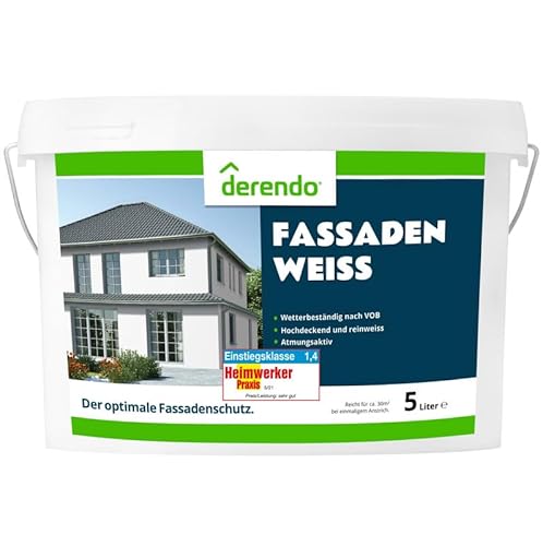 derendo Fassadenfarbe „Fassadenweiss“ 5 Liter Testsieger weiß matte Wandfarbe für außen und innen atmungsaktive Dispersionsfarbe mit hohe Deckkraft für Neu- und Renovierungsanstriche