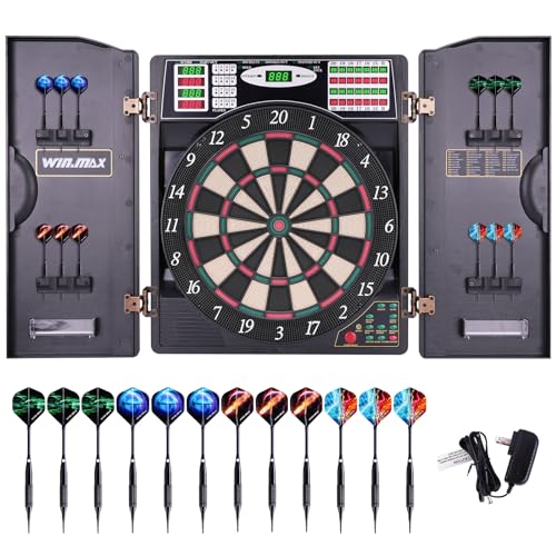 WIN.MAX Elektronische Dartscheibe Profi Set mit 65 Varianten für 1 bis 8 Spieler mit 12 Darts + 12 Pro Flights 100 Pfeilspitzen Zubehör