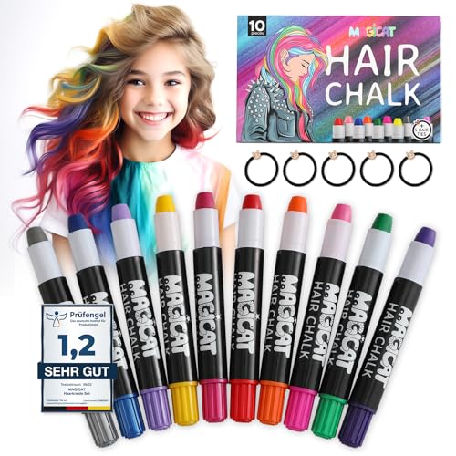 Magicat Premium Haarkreide für Mädchen Set I 10 Farben & 5 Haargummis I Auswaschbar & Ungiftig I Ideal für Kreativität & Spaß I Haarkreide für Kinder I Prüfengel Institut Note 1,2