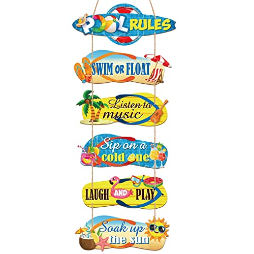 6 Stück Pool Rules Schilder und Dekoration für den Außenbereich, Holz-Strand-Wandbehang, Dekoration, 10,2 x 27,9 cm, Sommer-Hausschuhe, Hängeschild, Flip-Flop, Outdoor-Dekorationen für Schwimmbad