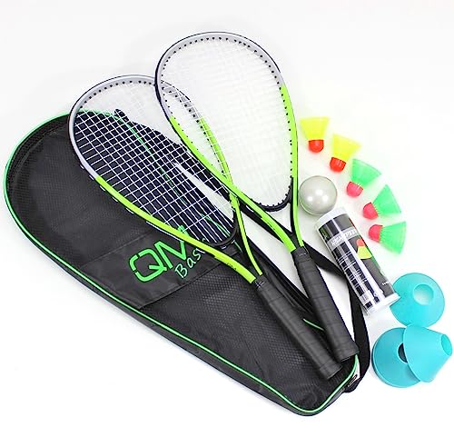 QMBasic Speed Badminton Set + 5 Speed Balls | Beach Turbo Federball Schläger Highspeed Erwachsene | mit Spielfeld Begrenzung Hütchen