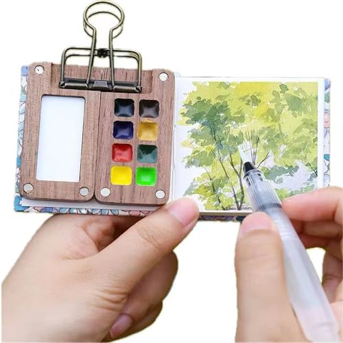 Portable Skizzenbuch Palette Set 8 Grids Mini Holz Reise Malpalette Malkasten für Aquarell Gouache Acrylmalerei Kommen mit Aquarellpapier Journal, Aquarellpinsel Stifte und EIN Clip