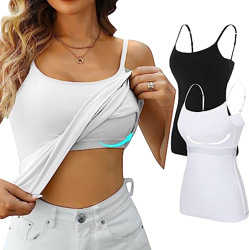 Attraco Unterhemden Damen Spaghettiträger Basic Top Layering Lange Tanks Verstellbarer Spaghetti Strap Cami Camisole Tank Top Schwarz/Weiß M