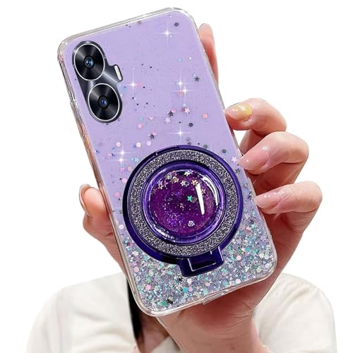 Tivenfezk Nadoli Sparkle Treibsand Ständer Hülle für Oppo Realme C55,Versteckt Ständer Ring Klar Glitzer Stern Handyhülle Durchsichtig Bling Schutzhülle Case Cover,Lila