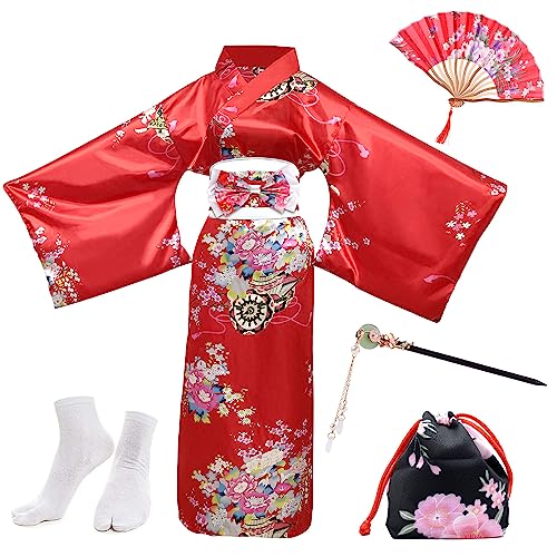 PLULON 5-teiliges japanisches Geisha-Yukata-Kleid, Blüten-Satin-Bademantel mit Kordelzug, Handfächer, Haarnadel, Tabi-Socken-Set für Frauen
