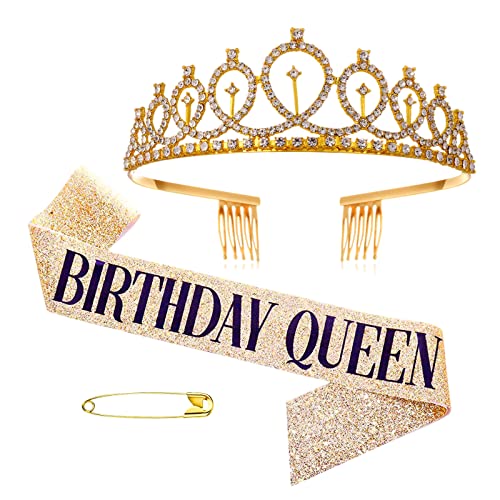 Geburtstagskrone Schärpe,Gold Geburtstag Kristall Tiara Krone Schärpe mit Birthday Queen,Frauen Party Accessoires für Birthday Crown Prinzessin Haar-Zusätze