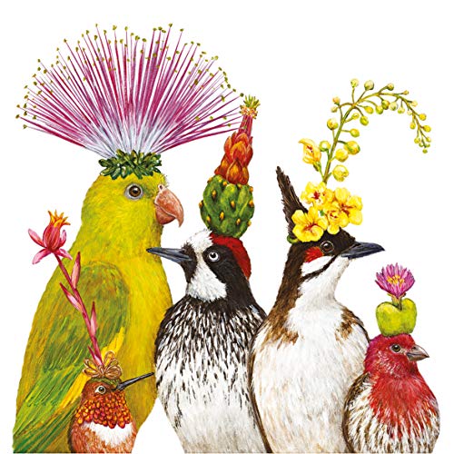 Servietten Blumen 20 Vögel mit exotischem Kopfschmuck | lustig Tiere Tischdeko 33x33cm