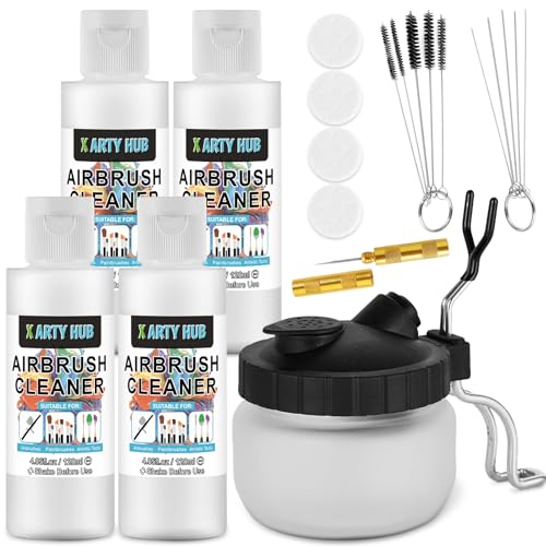 X ARTY HUB Airbrush Reinigungsset, 4 * 120 mL Airbrush Reiniger und Airbrush Reinigungstopf, Leistungsstarke Reinigung von Wasser- und Acrylpigmenten, für Airbrushes & Andere Künstlerische Werkzeuge