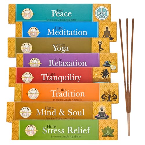 Flute Indische Räucherstäbchen Set - 8 Düfte Masala Agarbatti, 100% natürliche Räuchersticks, Meditation, Yoga, Weihrauch Räucherwerk, natürliche Zutaten
