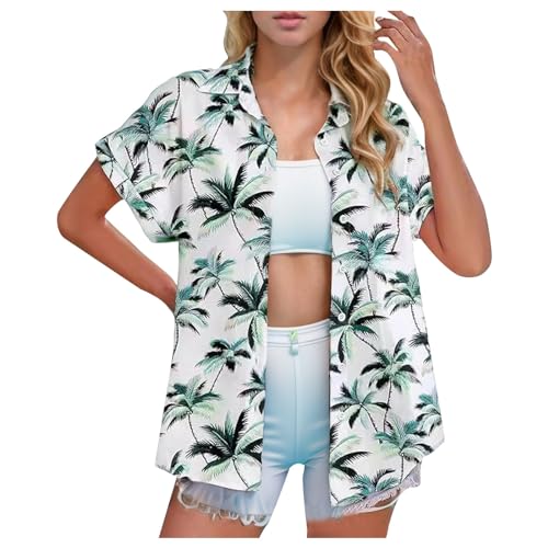 Lustiges tropisches Hawaii-Hemd für Damen, Hawaii-Palme, Karibik, Sommer, lässiges Hemd, Grafik, kurzärmelig, Knopfleiste, Strand, Golf, Kreuzfahrt, Mexiko, Bowling-Shirt, Vintage, weiß, S
