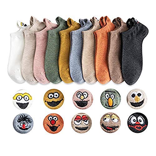 CLW Cartoon Baumwolle flache hochhackige Socken mittlerer Dicke Fersenstickerei lustiges Gesicht Smiley 10 Paar Socken für Männer und Frauen