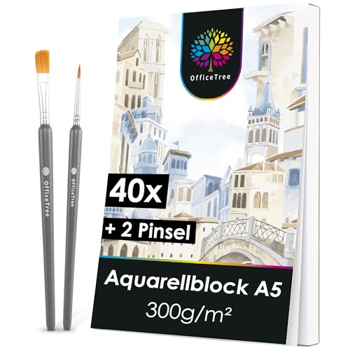 OfficeTree 40x Aquarellpapier A5 300g - Aquarellblock A5 - Zeichenblock Aquarell Papier A5 - Malblock A5 - Aquarellfarben Papier - Watercolor Paper - Aquarellpapier Block A5 inklusive 2 Pinsel