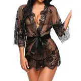 WENTPOL Damen Kimono Sexy Spitzen Robe Volant Transparent Weiter Ärmel Morgenmantel V-Ausschnitt Reizwäsche Nachtwäsche Bademantel Dessous Set mit Gürtel und G-String