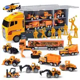 JOYIN 11 Mini-BAU-LKW in 1 Druckguss Konstruktions Spielzeugautos, Spielfahrzeug Set mit 8 technischen Figurens pielzeugen, Kindergeburtsta gsgeschenke für Jungen ab 3 Jahren