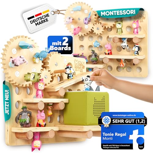 Monti Tonie Regal 2er Set für Tonies + Toniebox [stabiles Montessori Spielzeug] XL für 75 Toniefiguren + Box für Mädchen und Jungen | Kreativ Tonieregal zur Aufbewahrung | Zubehör Starterset