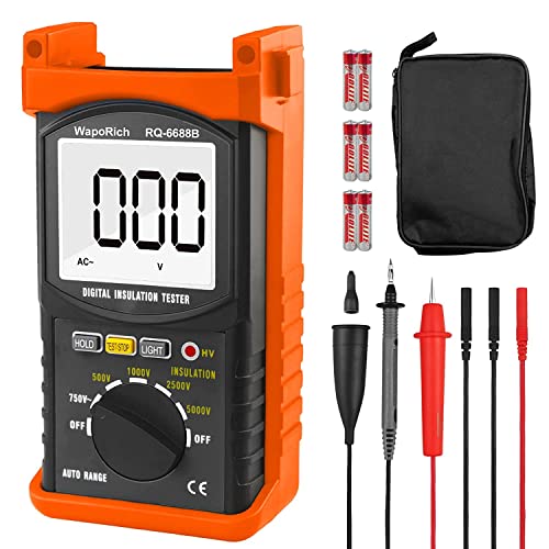 Digitaler Isolationswiderstandstester, WapoRich 200G Ohm MegOhmmeter Isolationswiderstandsmessgeräte DC AC Voltmeter Multimeter mit 1999 zählt, 500V/1kV/2,5kV/5kV Prüfspannung, Datenspeicherung