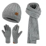 ZASFOU Damen Winter Mütze Schal Touchscreen Handschuhe Set Thermo Strickmütze Beanie Wintermütze Schals Winterschal Winterhandschuhe Geschenk für Frauen