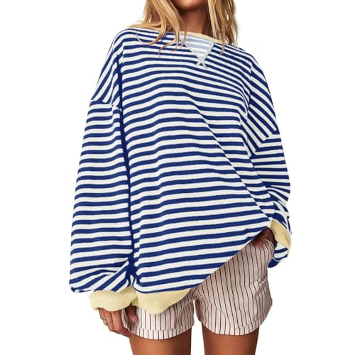 Gestreift Übergröß Sweatshirt Damen Urlaub Must Haves Rundhal Langarmshirt Farbblock Y50K Shirt Pullover Oberteil Lässig Streifenshirt Casual T-Shirt Ohne Kapuz Shirt(A10 Blue,S)