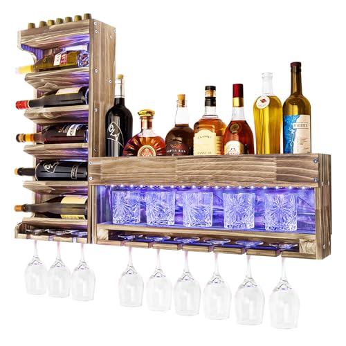 Yorbay Weinregal mit LED-Licht Palette Beflammt Holz, Wandbar mit Korkhalter, für Weingläser, Whiskygläser, Flaschenhalter Hausbar, Vintage, Geschenk