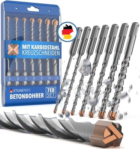 STONE REEF Betonbohrer Set Profi - [7-teilig inkl. Bohrerkassette] - SDS Plus Bohrer Set Ø 5mm, 6mm, 8mm, 10mm, 12mm x 160mm - Steinbohrer, Beton, Wandbohrer, Bohrersatz