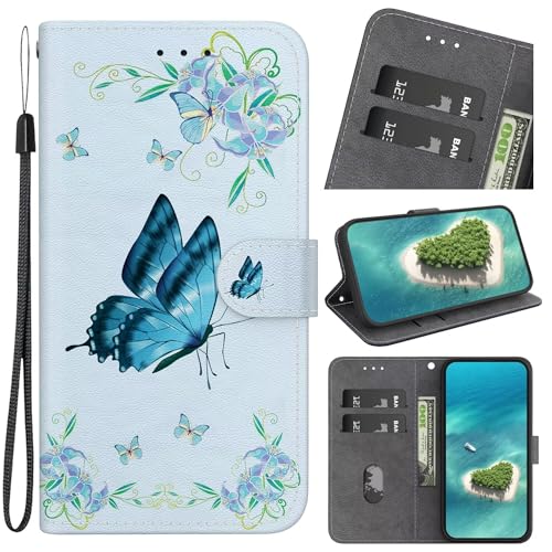 Miagon Kickstand Flip PU Leder Schutzhülle für Xiaomi Redmi Note 13 Pro Plus 5G,Niedlich Muster Hülle Brieftasche Case Cover Ständer mit Kartenfächer,Blau Schmetterling Blume