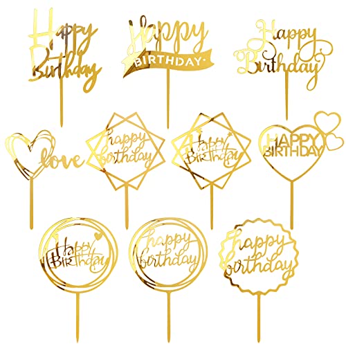 MOGADEE® 10 Stück Goldenes Happy Birthday Tortendeko Set, Acryl Glitter Cupcake Topper, Girlande Herze Sternen Cake Topper, Kuchen Deko für Mädchen, Kinder, Hochzeit, Mutter (Goldenes)