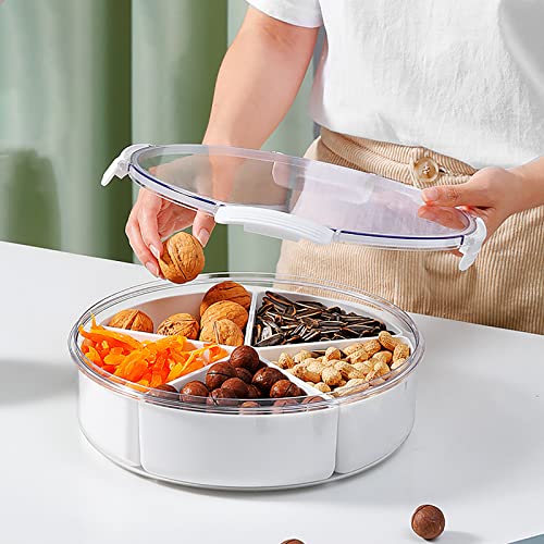 WUWEOT 27cm Snackteller mit 5 Einzelnen Fächern Servierschale mit Deckel Servierteller Kunststoff Süssigkeiten Teller Set für Nüsse Getrocknete Früchte Snacks Süßigkeiten Keks