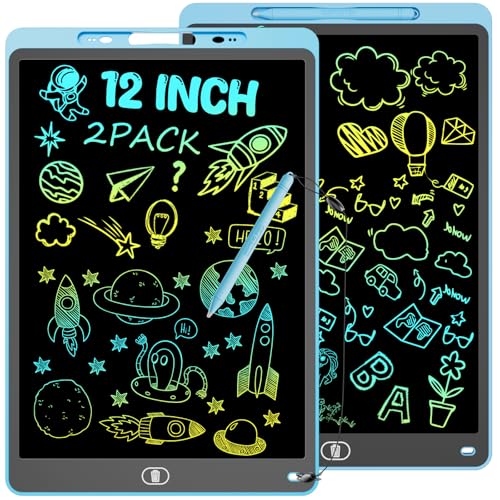 2 Pack Bunte LCD Schreibtafel für Kinder, 12 Zoll Mal Tablet Wiederverwendbarer Zeichentafel mit Sperr-& Lösch Tasten, Spielzeug & Geschenke für Jungen Mädchen zu Reisen, Hause, Schule - Blau