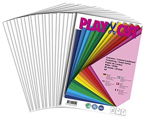 PLAY-CUT Tonkarton A4 Weiß (220g/m2) | 20 Bogen Din A4 Bastelkarton Bunt | Dickes Bedruckbares Kartonpapier | Premium Druckerpapier Dicke Stärke | Karton zum Basteln