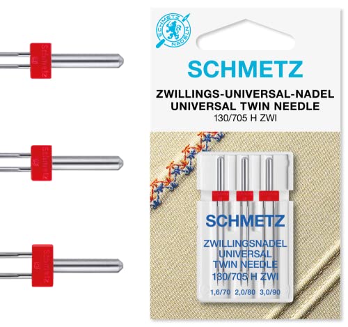 SCHMETZ Nähmaschinennadeln | 3 Zwillings-Universal-Nadeln | Nadeldicke 1,6/70 2,0/80 3,0/90 | 130/705 H ZWI SORT. | Auf allen Haushaltsnähmaschinen mit Zickzack-Funktion einsetzbar