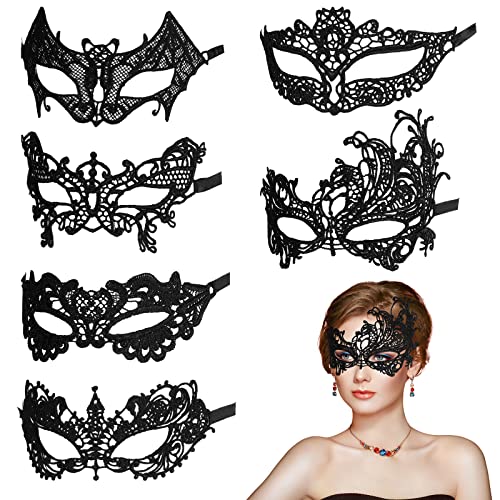 Aomig Spitze Maske, 6 Stück Venezianische Maske Spitze Damen, Schwarz Sexy Lace Augenmaske für Frauen, Augenmaske Maskerade Maske für Halloween Karneval Abendkleid Tanz Ball Party