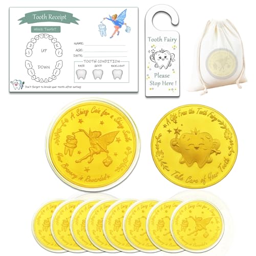 YUJUE Zahnfee Münzen Set, 10 Stück Goldmünzen und 10 Stück Zertifikate, Motivationsgeschenk für Kinder, verlorene Zähne, 14 x 8 x 2 cm