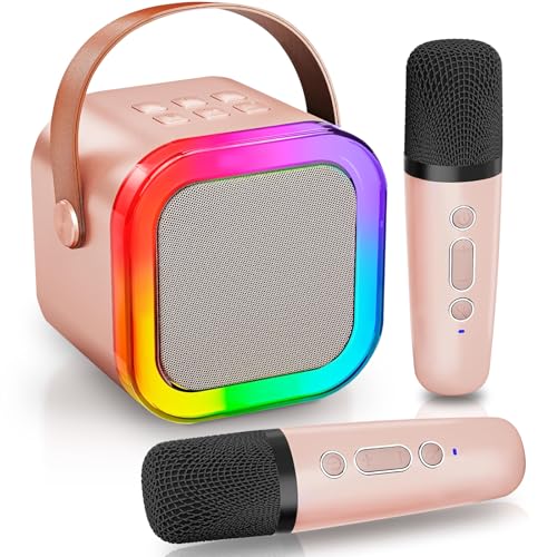 Karaoke Maschine Kinder, tragbarer Bluetooth-Lautsprecher mit LED und 2 drahtlosen Mikrofonen, kompatibel mit Android/iOS/iPad, Geburtstagsparty-Spielzeug für Jungen Mädchen