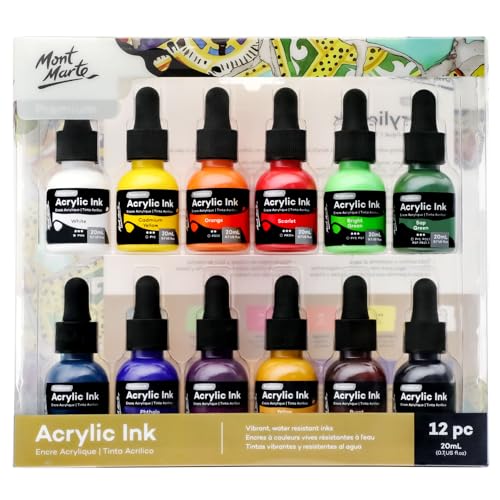 Mont Marte Acryltusche Superior, 12pc x 20ml, Essential Colors, Für feine Details und Farbwaschungen, ideal für Airbrush, Gießkunst, Scrapbooking und Tuschezeichnen